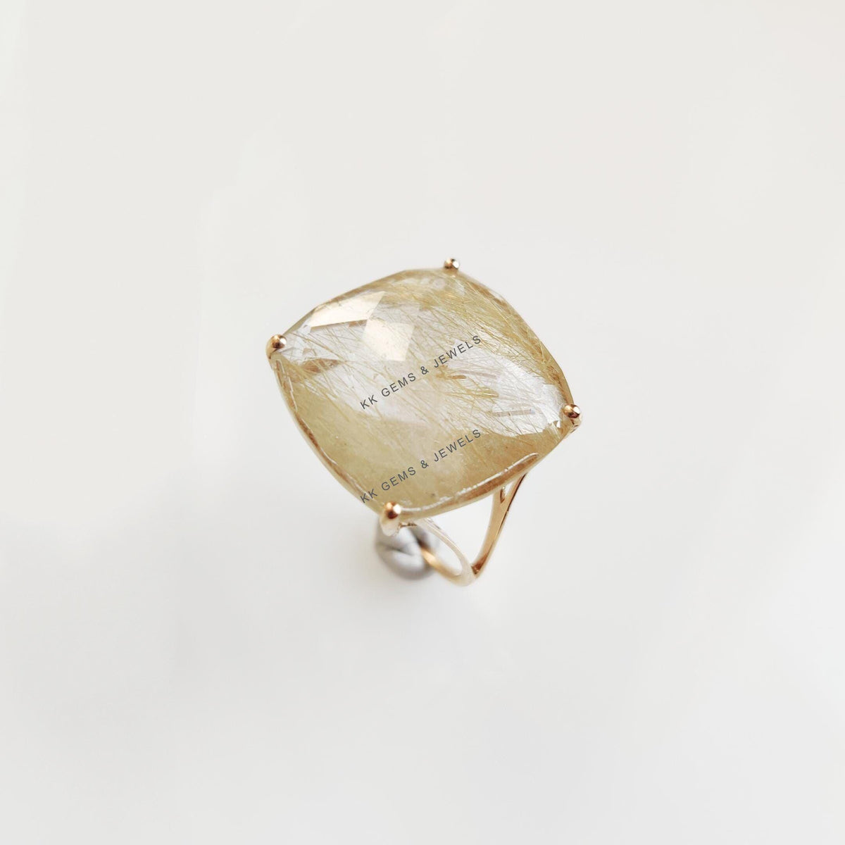 Natural Golden Rutile Ring, 14K Solid Yellow Gold Golden Rutile Ring, April Birthstone Ring, Prong Ring, Cushion Ring, Anniversary Present