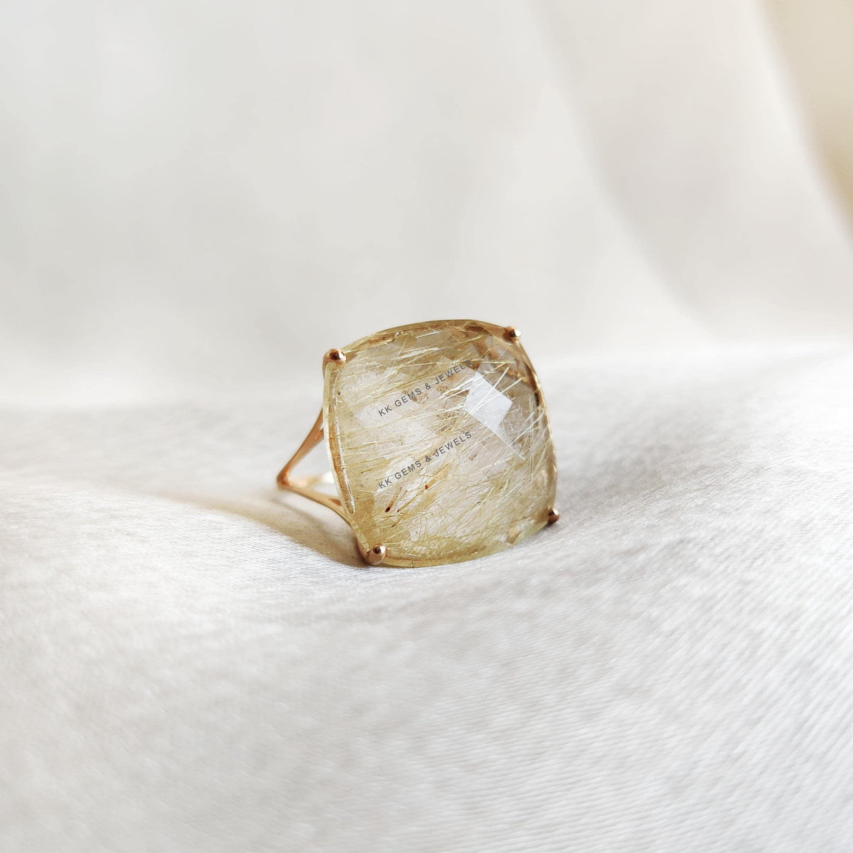 Natural Golden Rutile Ring, 14K Solid Yellow Gold Golden Rutile Ring, April Birthstone Ring, Prong Ring, Cushion Ring, Anniversary Present