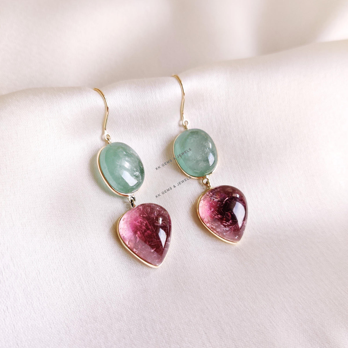 Natural Pink & Green Tourmaline 14K Solid Yellow Gold Earrings, October Birthstone Earring,