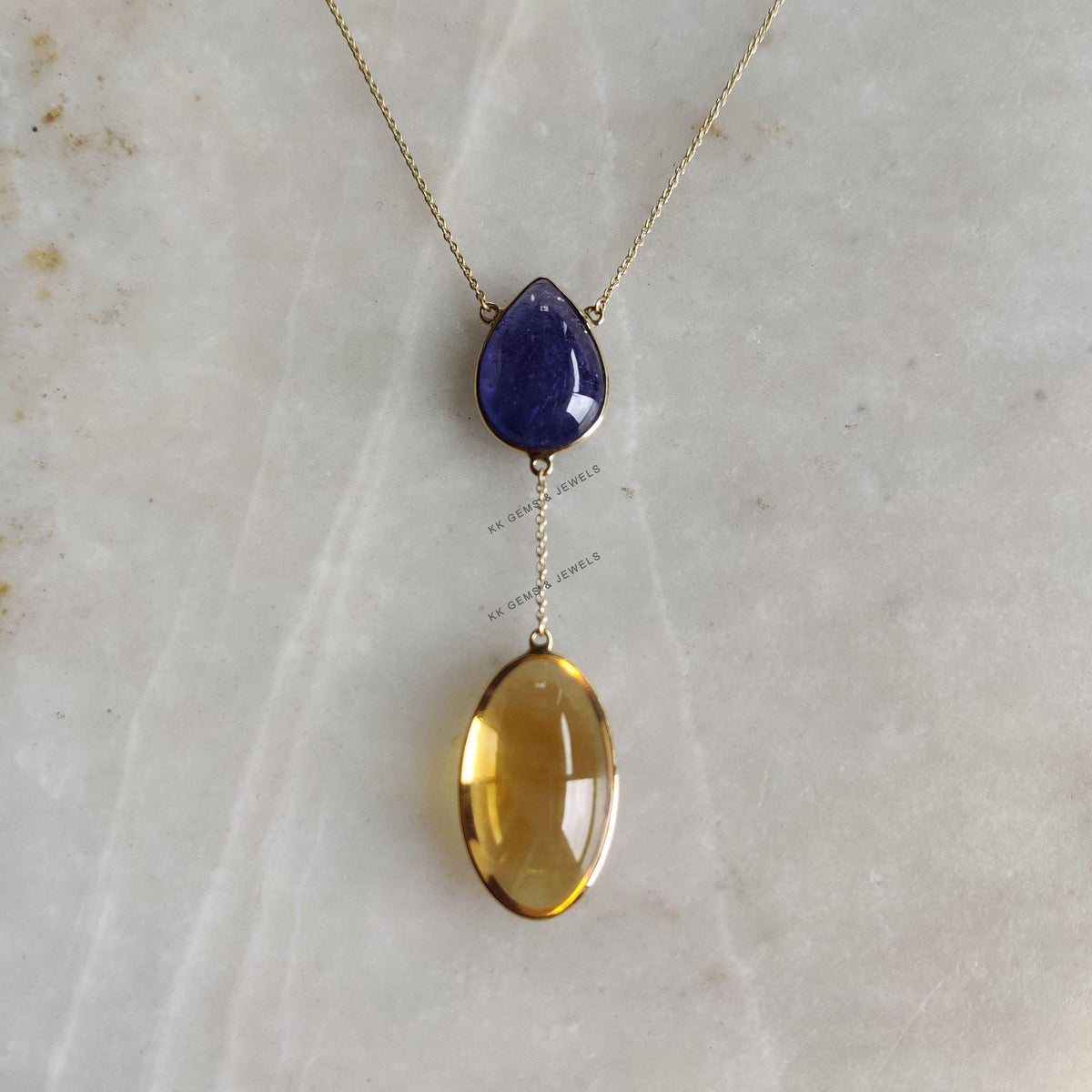 Natural Tanzanite & Citrine 14K Solid Yellow Gold Pendant Necklace, Handmade
