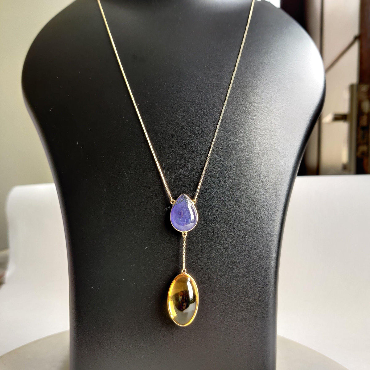 Natural Tanzanite & Citrine 14K Solid Yellow Gold Pendant Necklace, Handmade