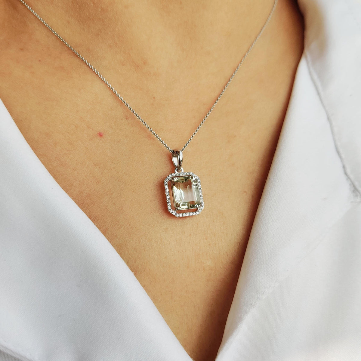 Natural Green Amethyst & Diamond 14K Solid White Gold Pendant, February Birthstone,