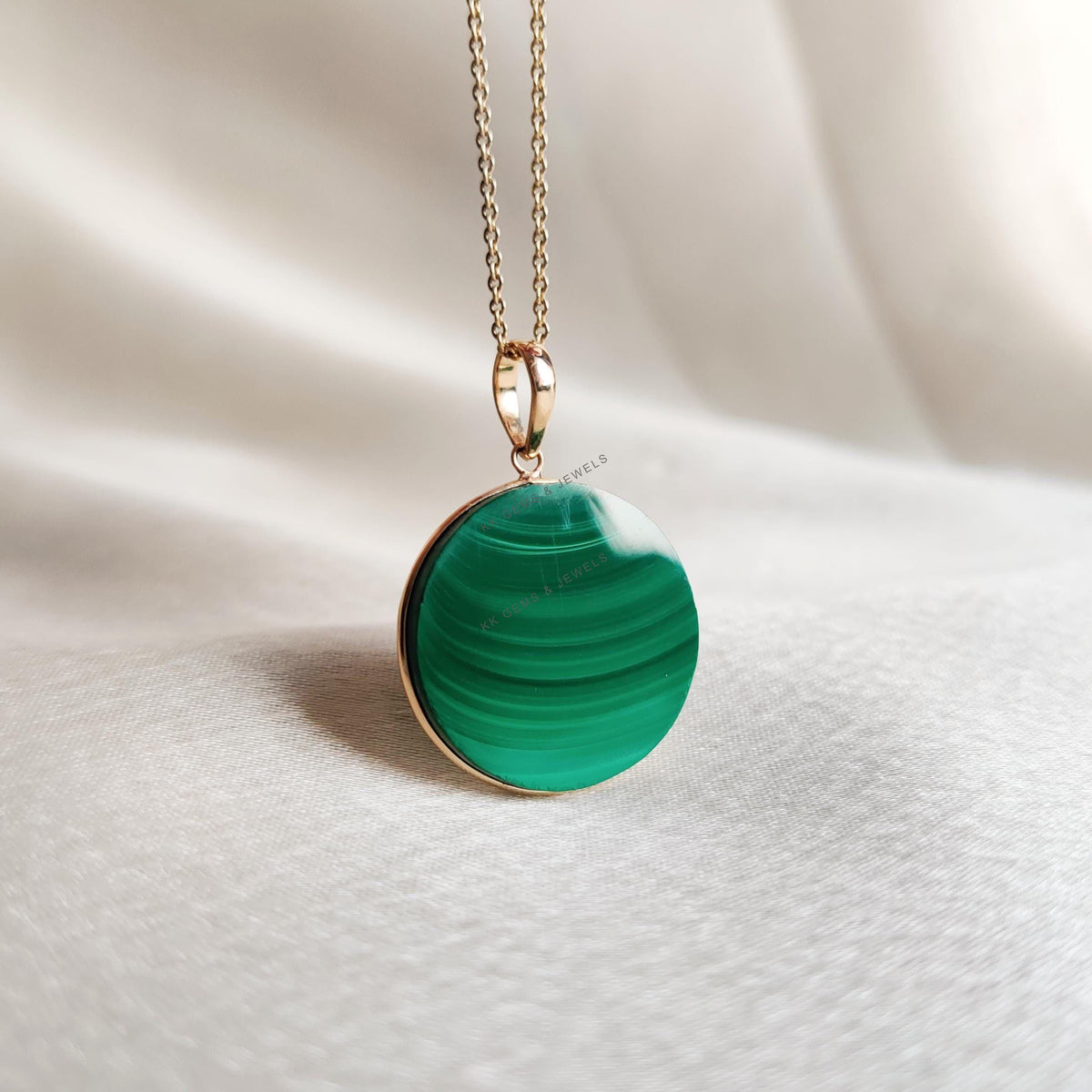 14K Solid Yellow Gold Natural Malachite Pendant: Round May Birthstone Jewelry
