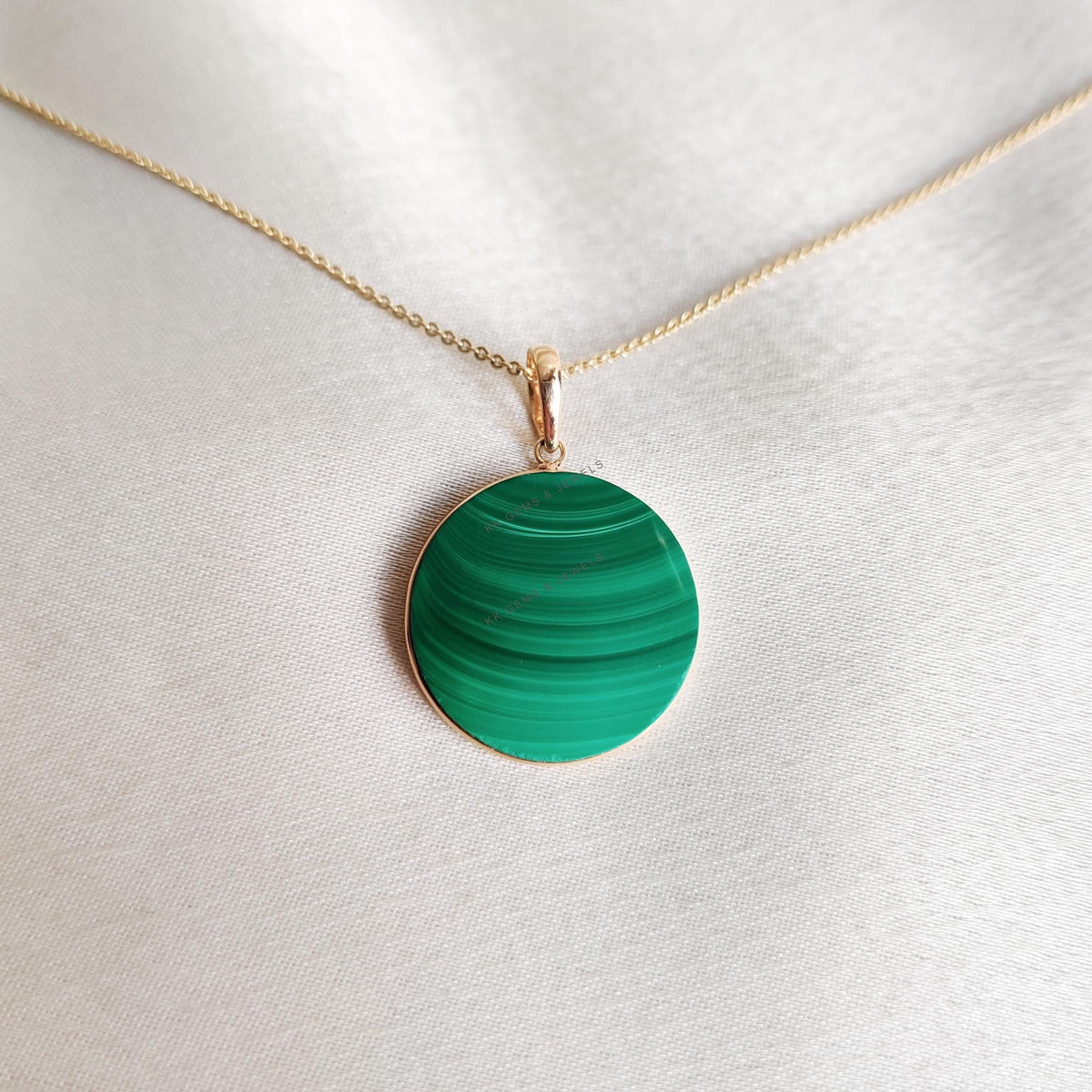 14K Solid Yellow Gold Natural Malachite Pendant: Round May Birthstone Jewelry