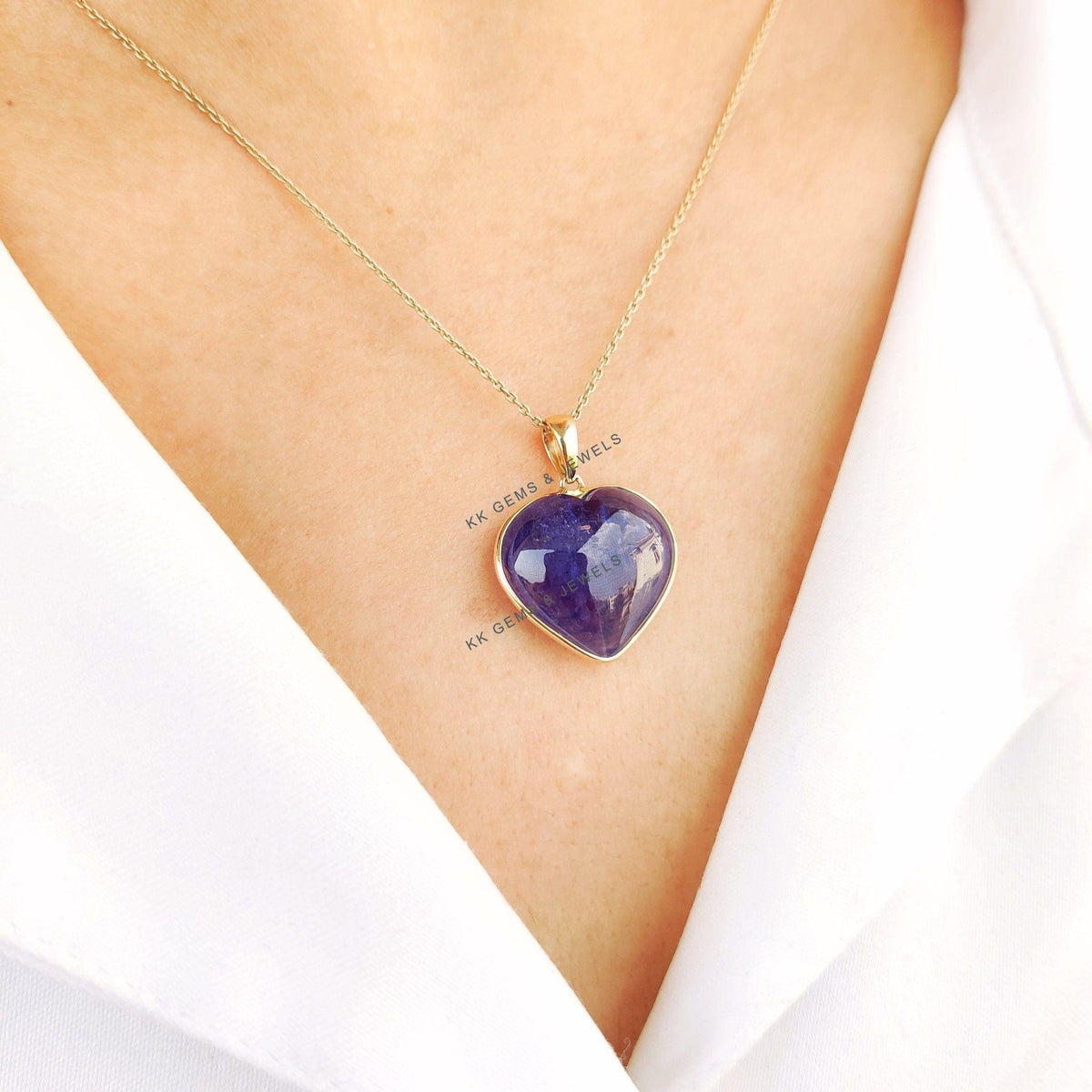 14K Solid Yellow Gold Natural Tanzanite Heart Pendant, December Birthstone