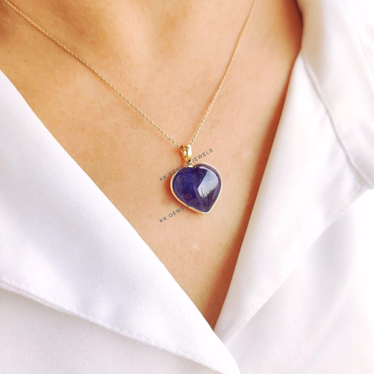 14K Solid Yellow Gold Natural Tanzanite Heart Pendant, December Birthstone