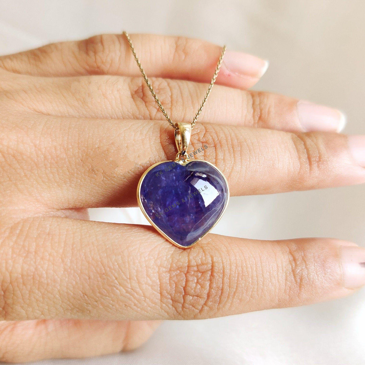 14K Solid Yellow Gold Natural Tanzanite Heart Pendant, December Birthstone