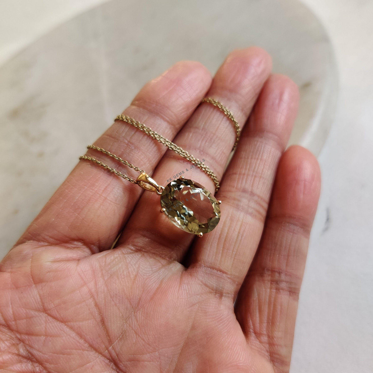Natural Green Amethyst Pendant: 14K Solid Yellow Gold, February Birthstone