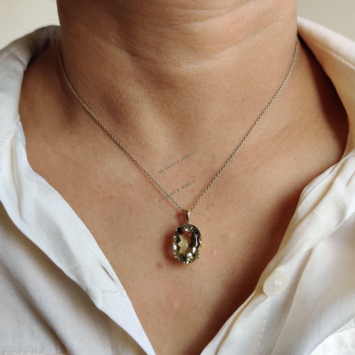 Natural Green Amethyst Pendant: 14K Solid Yellow Gold, February Birthstone