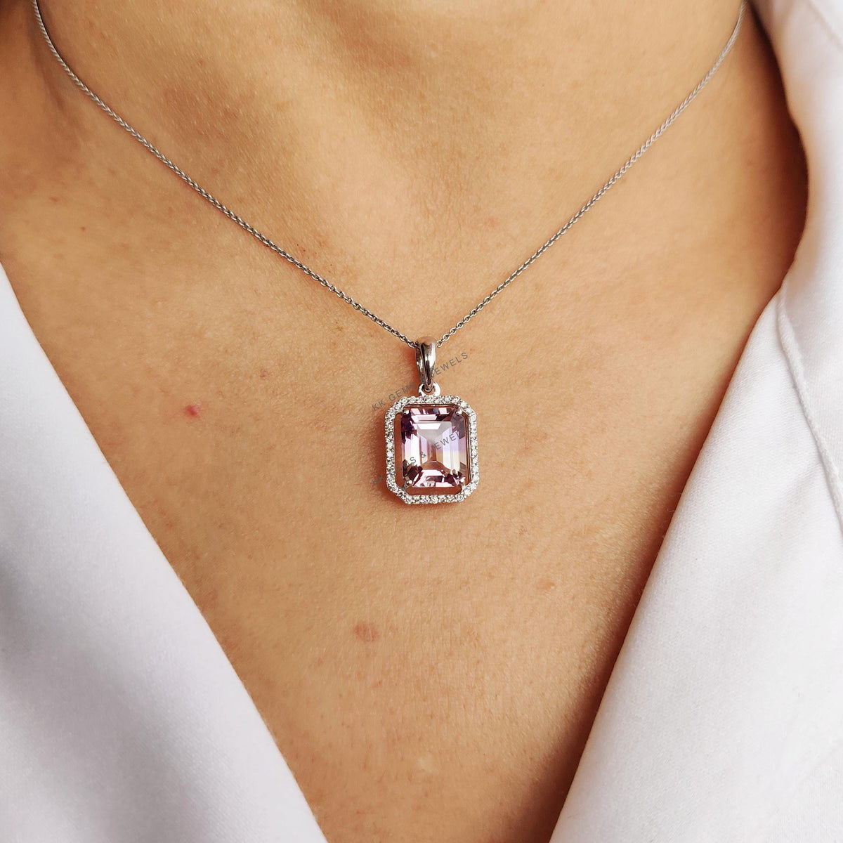 Natural Ametrine & Diamond Pendant, 14K Solid White Gold Pendant, February Birthstone,