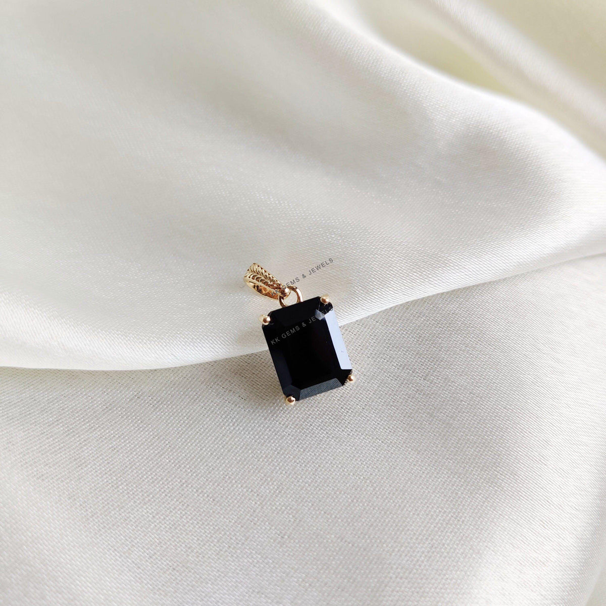 Natural Black Onyx Pendant, 14K Solid Yellow Gold, December Birthstone