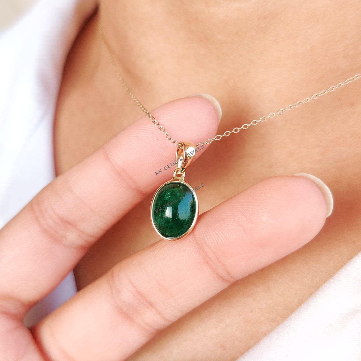 14K Solid Yellow Gold Natural Emerald Bezel Pendant, May Birthstone