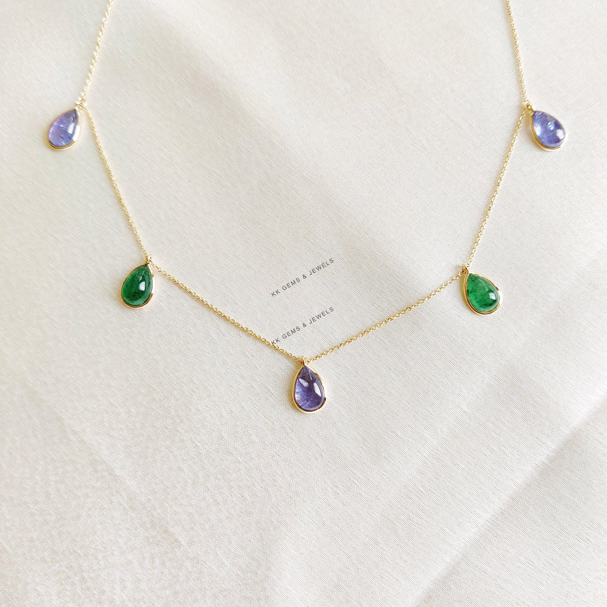 Natural Green Aventurine & Tanzanite Chain Necklace, 14K Solid Yellow Gold Bezel Set