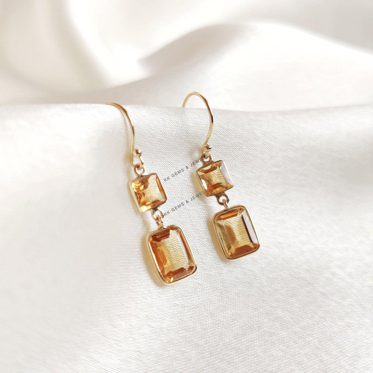 14K Solid Yellow Gold Natural Citrine Drop Earrings: November Birthstone