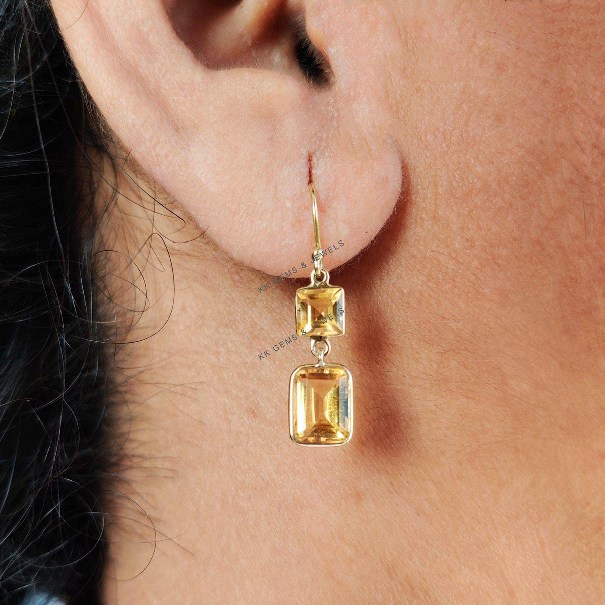 14K Solid Yellow Gold Natural Citrine Drop Earrings: November Birthstone