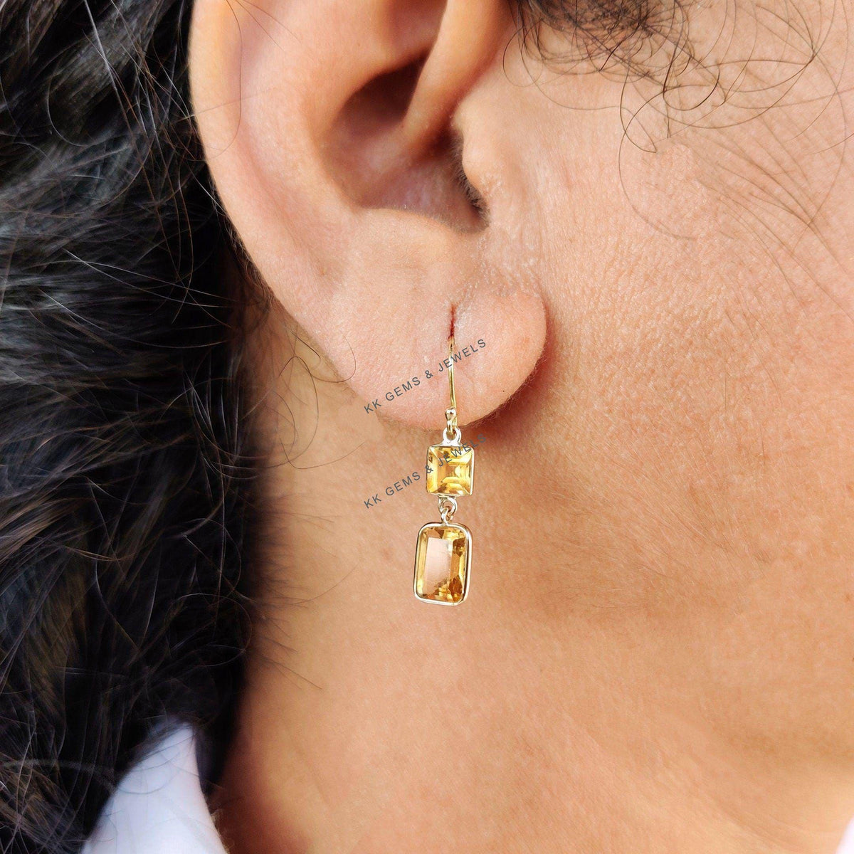 14K Solid Yellow Gold Natural Citrine Drop Earrings: November Birthstone