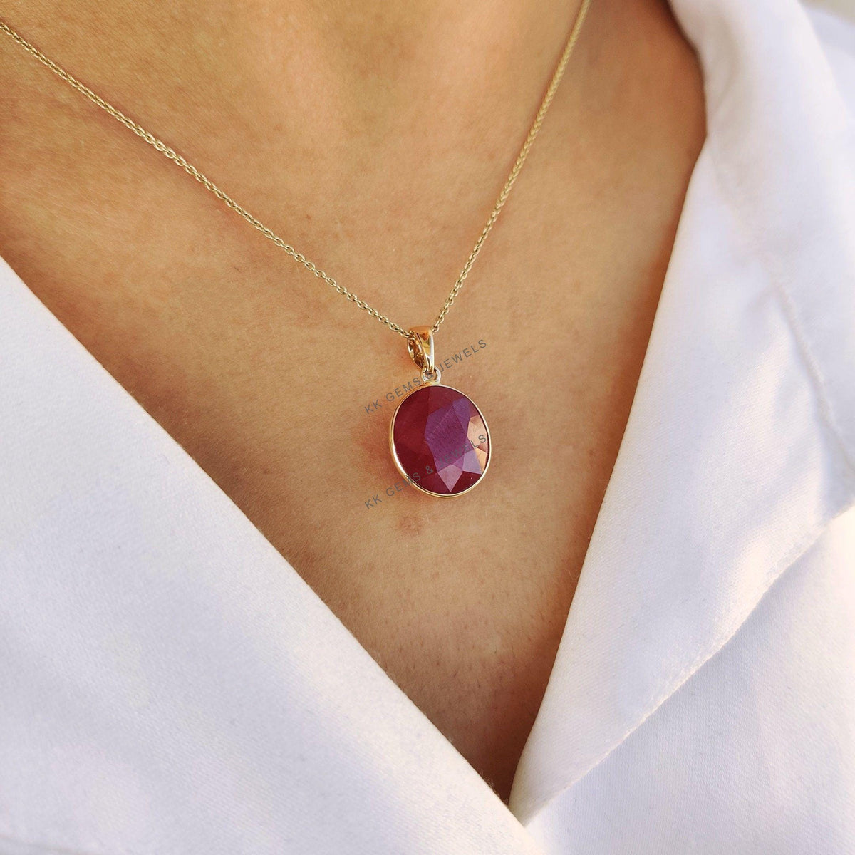 Natural Oval Ruby Pendant, 14K Solid Yellow Gold Bezel Pendant, July Birthstone