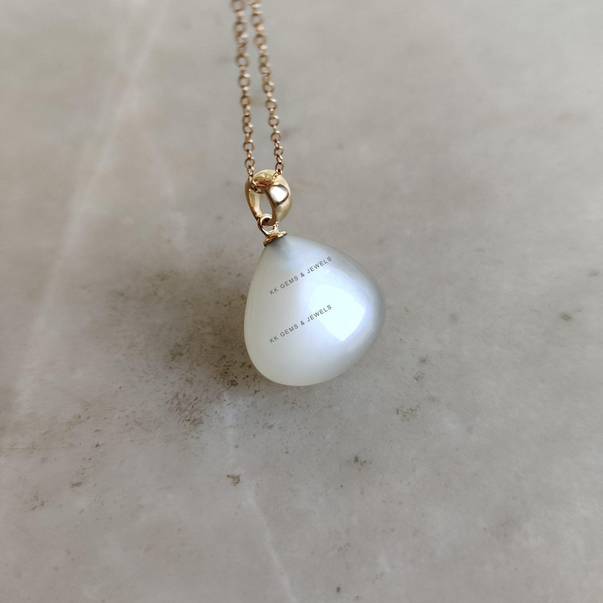 14K Solid Yellow Gold Natural White Moonstone Pendant - June Birthstone