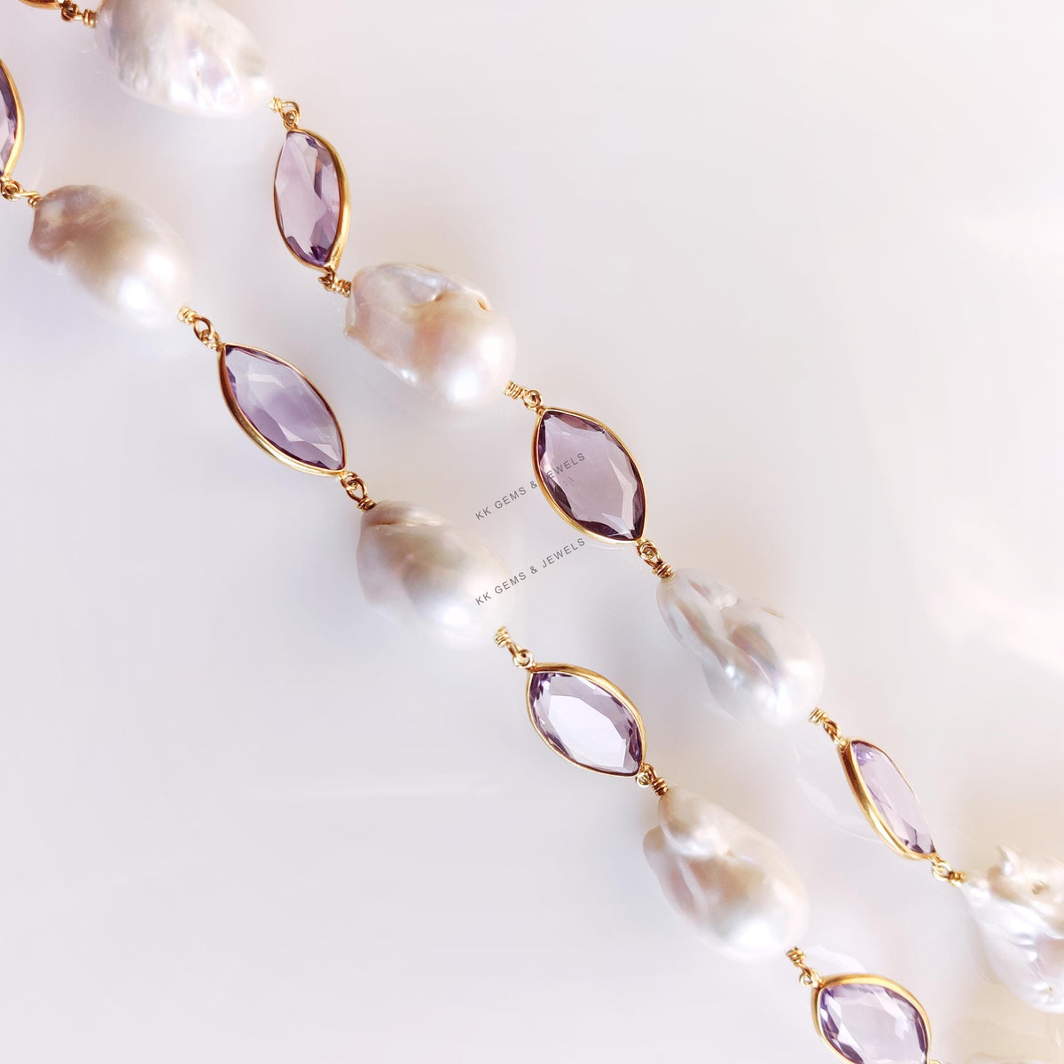 Natural Purple Amethyst & Mother of Pearl Necklace, Gold Plated 925 Silver Jewellery