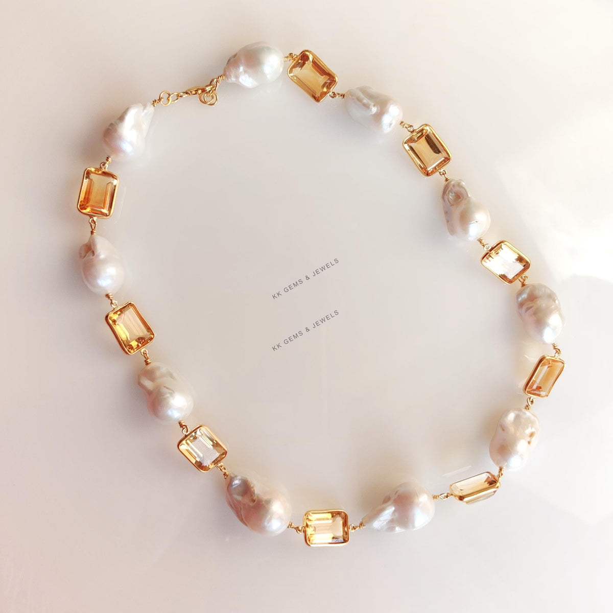 Natural Citrine & Mother of Pearl Necklace, Gold Plated 925 Silver Jewelry
