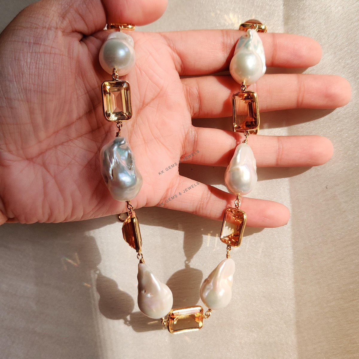 Natural Citrine & Mother of Pearl Necklace, Gold Plated 925 Silver Jewelry