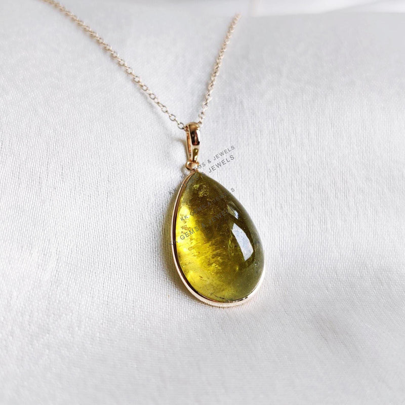Pear Cabochon Natural Green Tourmaline Pendant, 14K Solid Yellow Gold Bezel Setting