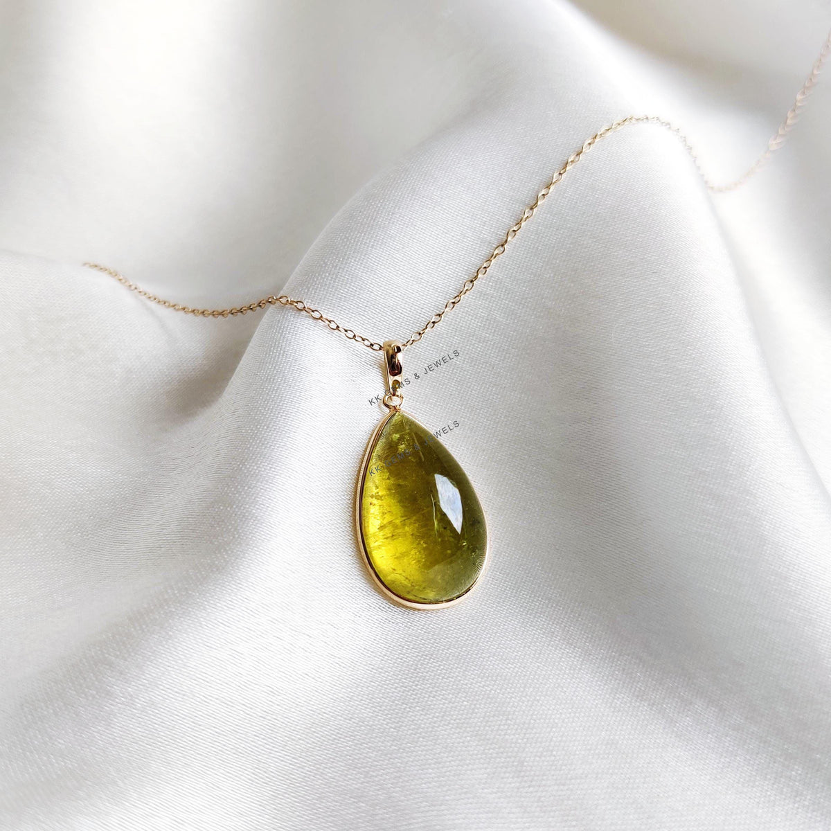 Pear Cabochon Natural Green Tourmaline Pendant, 14K Solid Yellow Gold Bezel Setting