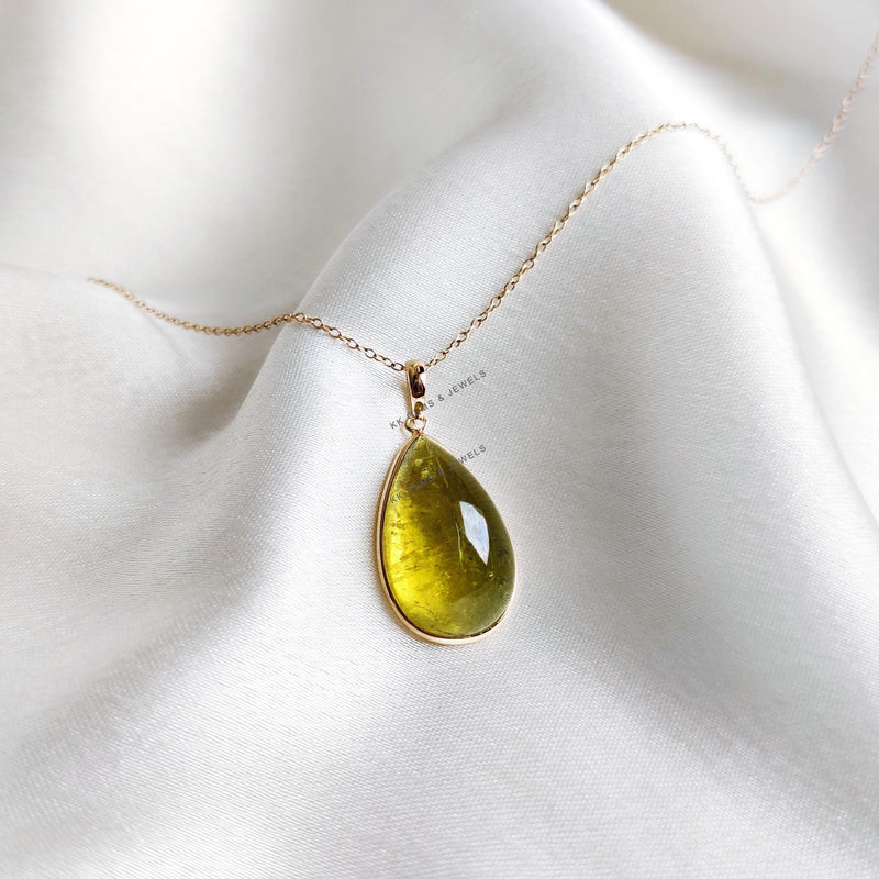 Pear Cabochon Natural Green Tourmaline Pendant, 14K Solid Yellow Gold Bezel Setting