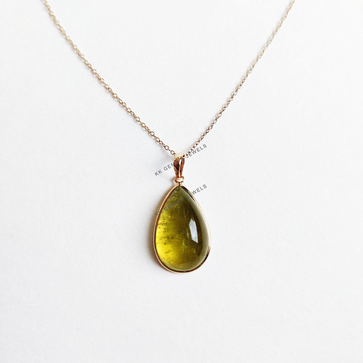Pear Cabochon Natural Green Tourmaline Pendant, 14K Solid Yellow Gold Bezel Setting