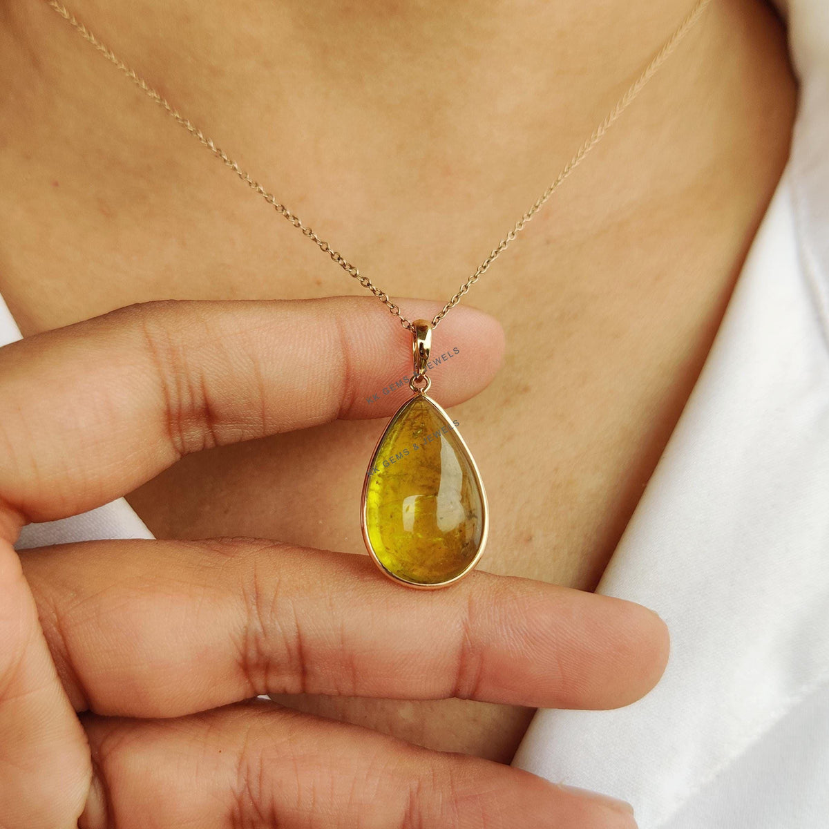 Pear Cabochon Natural Green Tourmaline Pendant, 14K Solid Yellow Gold Bezel Setting