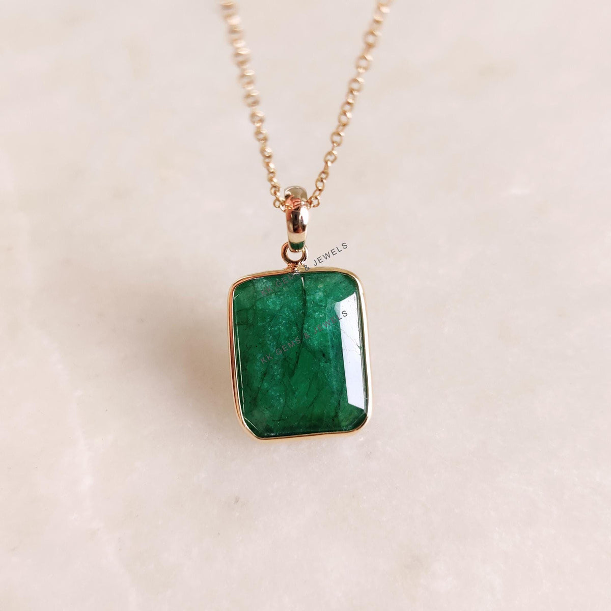 14K Solid Yellow Gold Emerald Pendant, Octagon May Birthstone