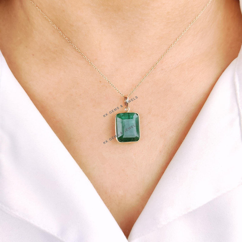 14K Solid Yellow Gold Emerald Pendant, Octagon May Birthstone