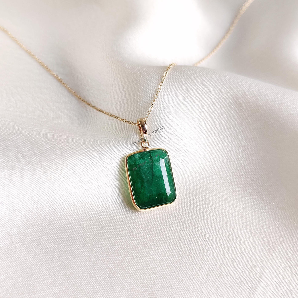 14K Solid Yellow Gold Emerald Pendant, Octagon May Birthstone