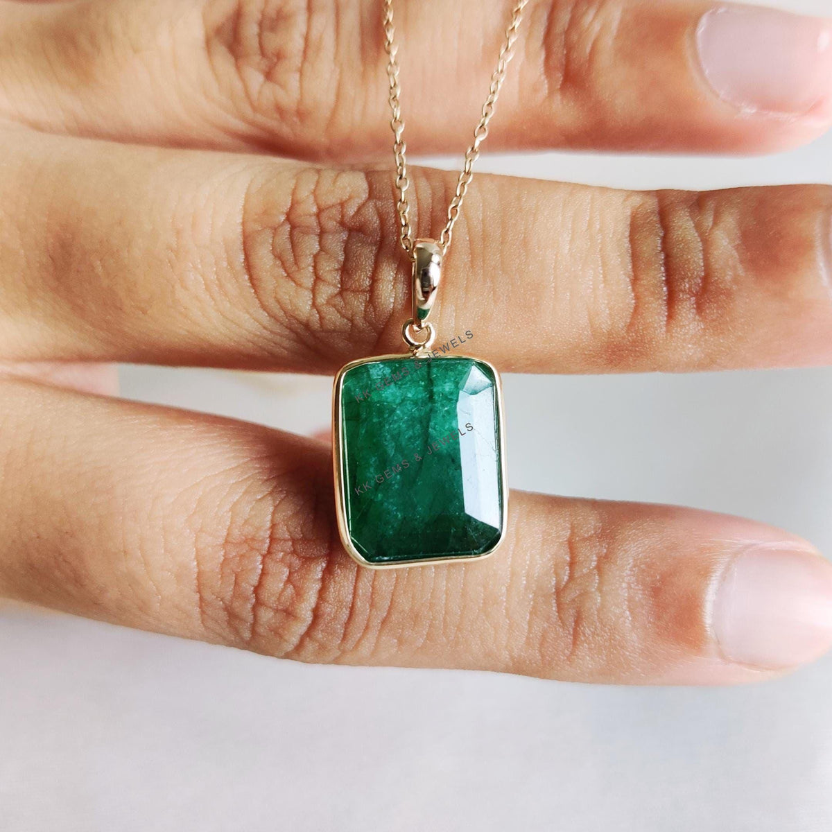 14K Solid Yellow Gold Emerald Pendant, Octagon May Birthstone