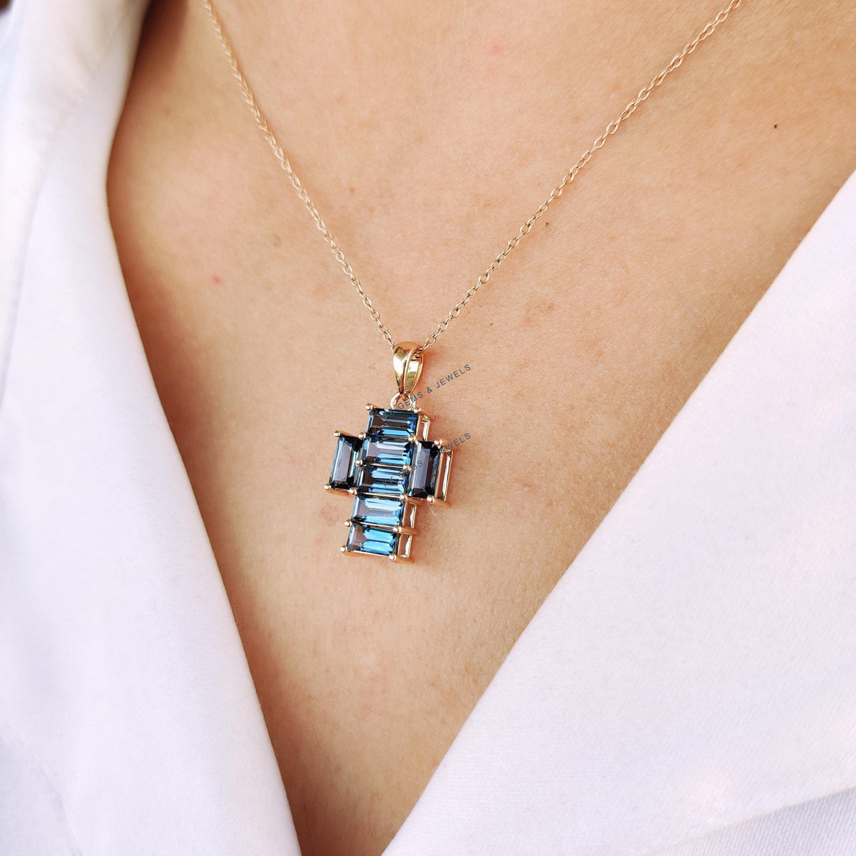 Natural London Blue Topaz Cross Pendant, 14K Solid Yellow Gold, December Birthstone