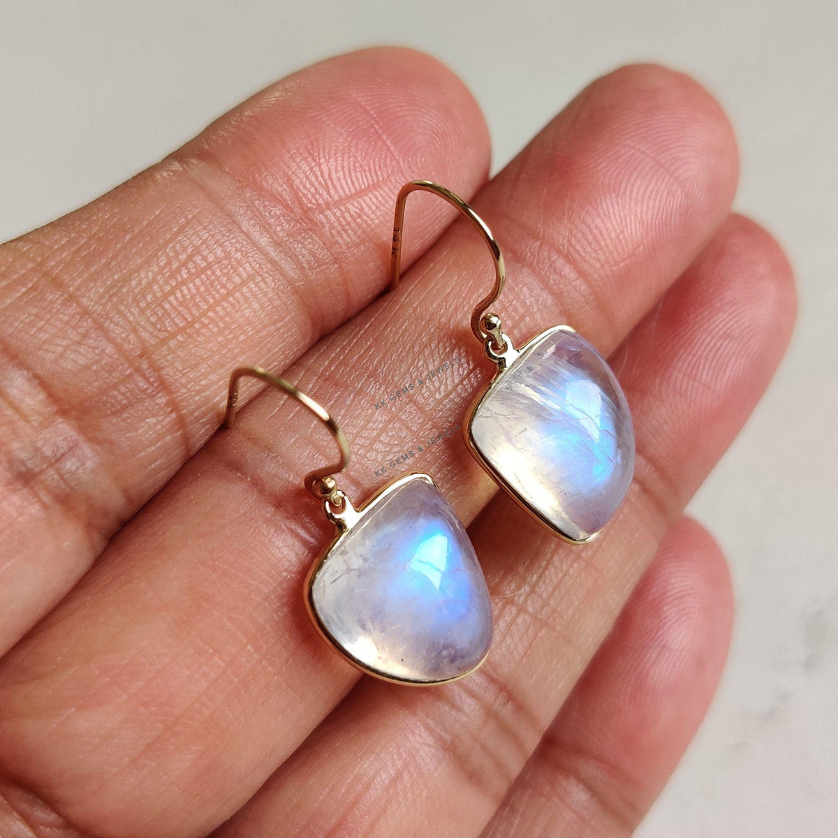 14K Solid Gold Natural Rainbow Moonstone Earrings, Bezel Set Earrings