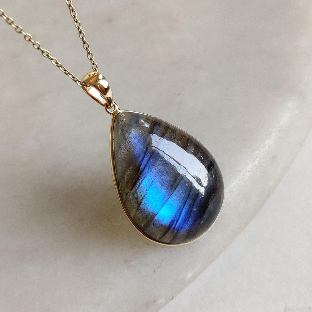 14K Solid Yellow Gold Natural Labradorite Pendant, Pear Cabochon, November Birthstone, Christmas Present