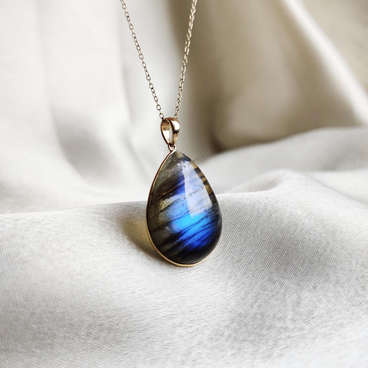 14K Solid Yellow Gold Natural Labradorite Pendant, Pear Cabochon, November Birthstone, Christmas Present