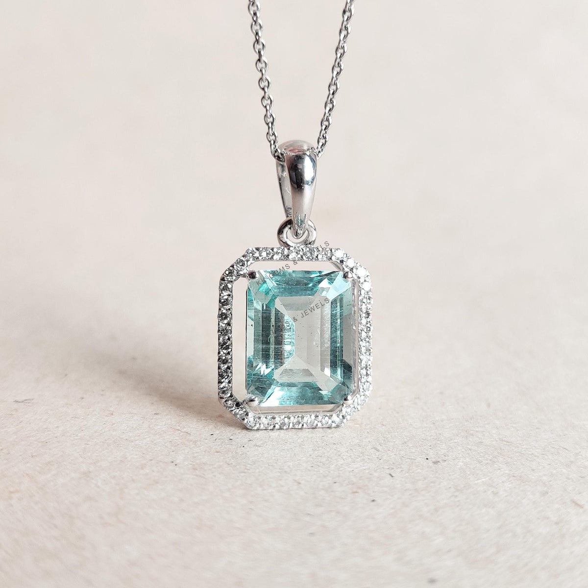 Natural Aquamarine & Diamond Pendant, 14K Solid White Gold Pendant, March Birthstone,