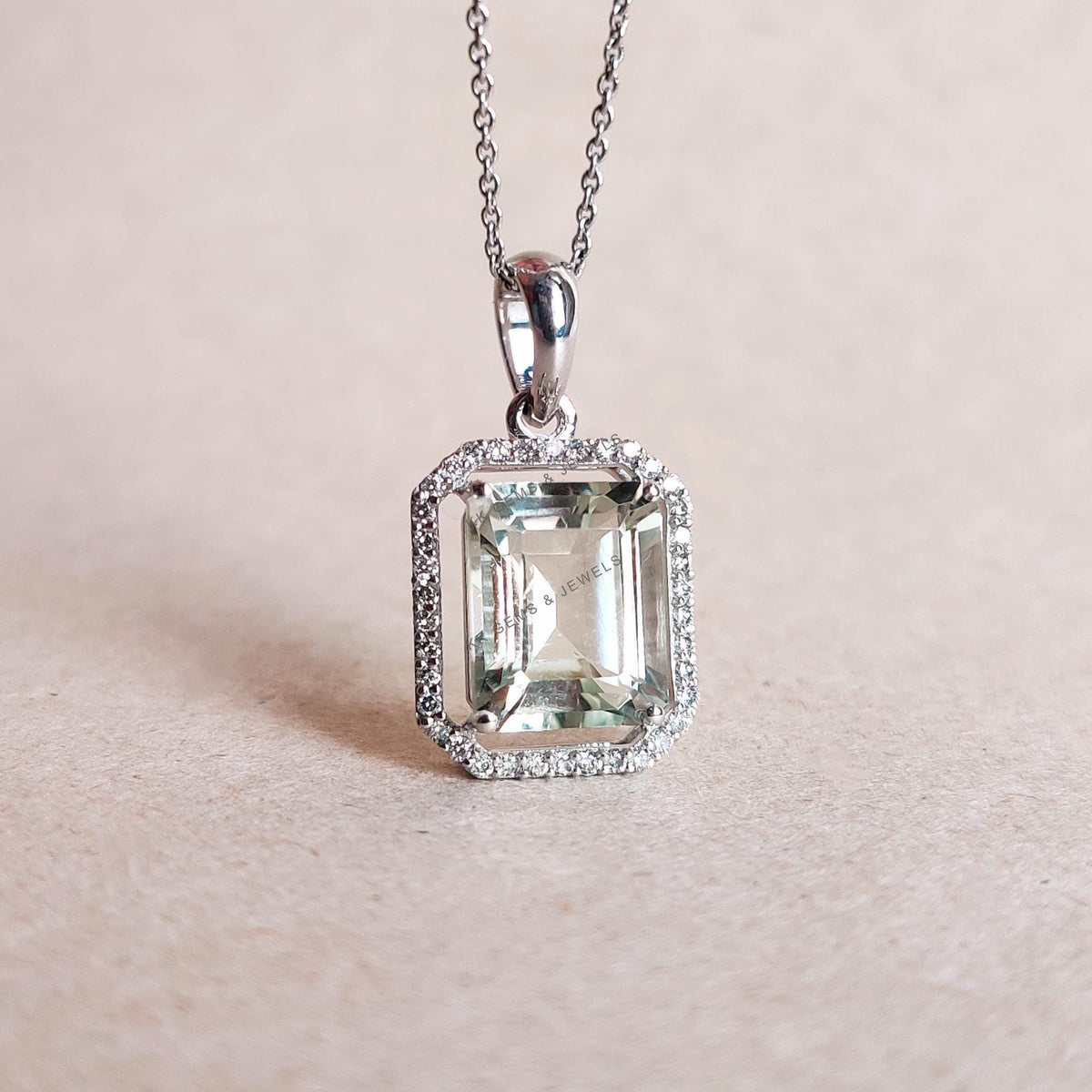 Natural Green Amethyst & Diamond 14K Solid White Gold Pendant, February Birthstone,