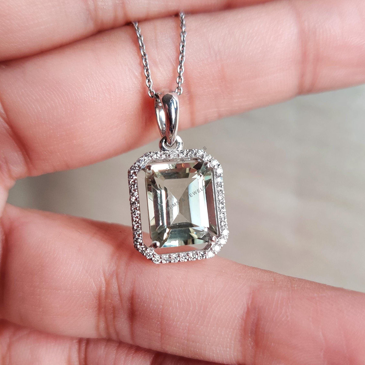 Natural Green Amethyst & Diamond 14K Solid White Gold Pendant, February Birthstone,