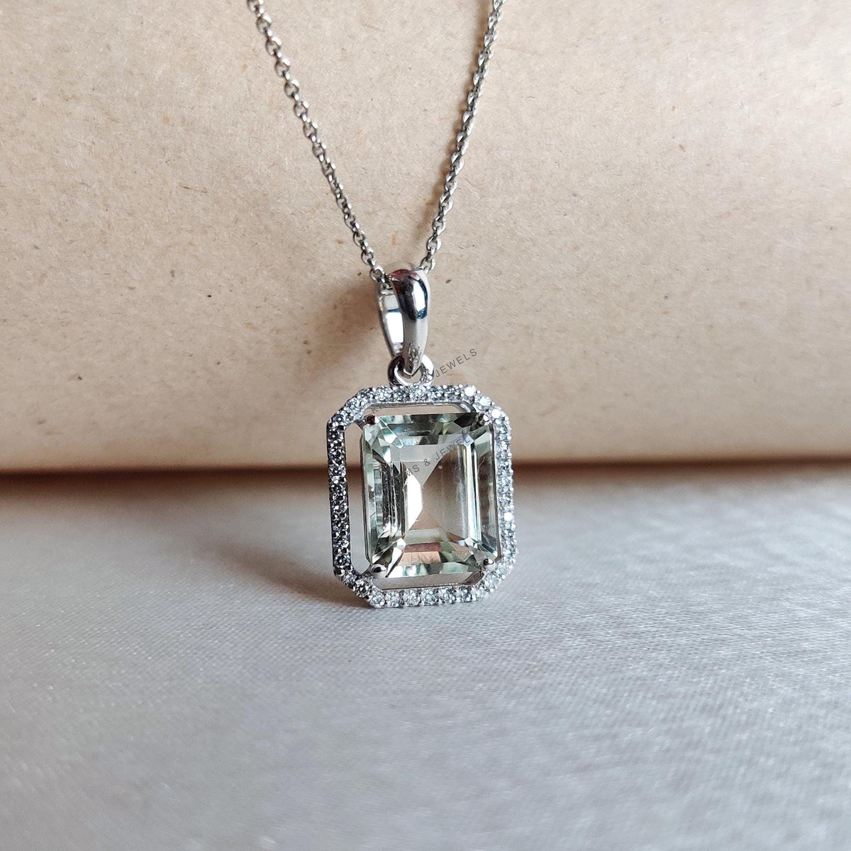 Natural Green Amethyst & Diamond 14K Solid White Gold Pendant, February Birthstone,