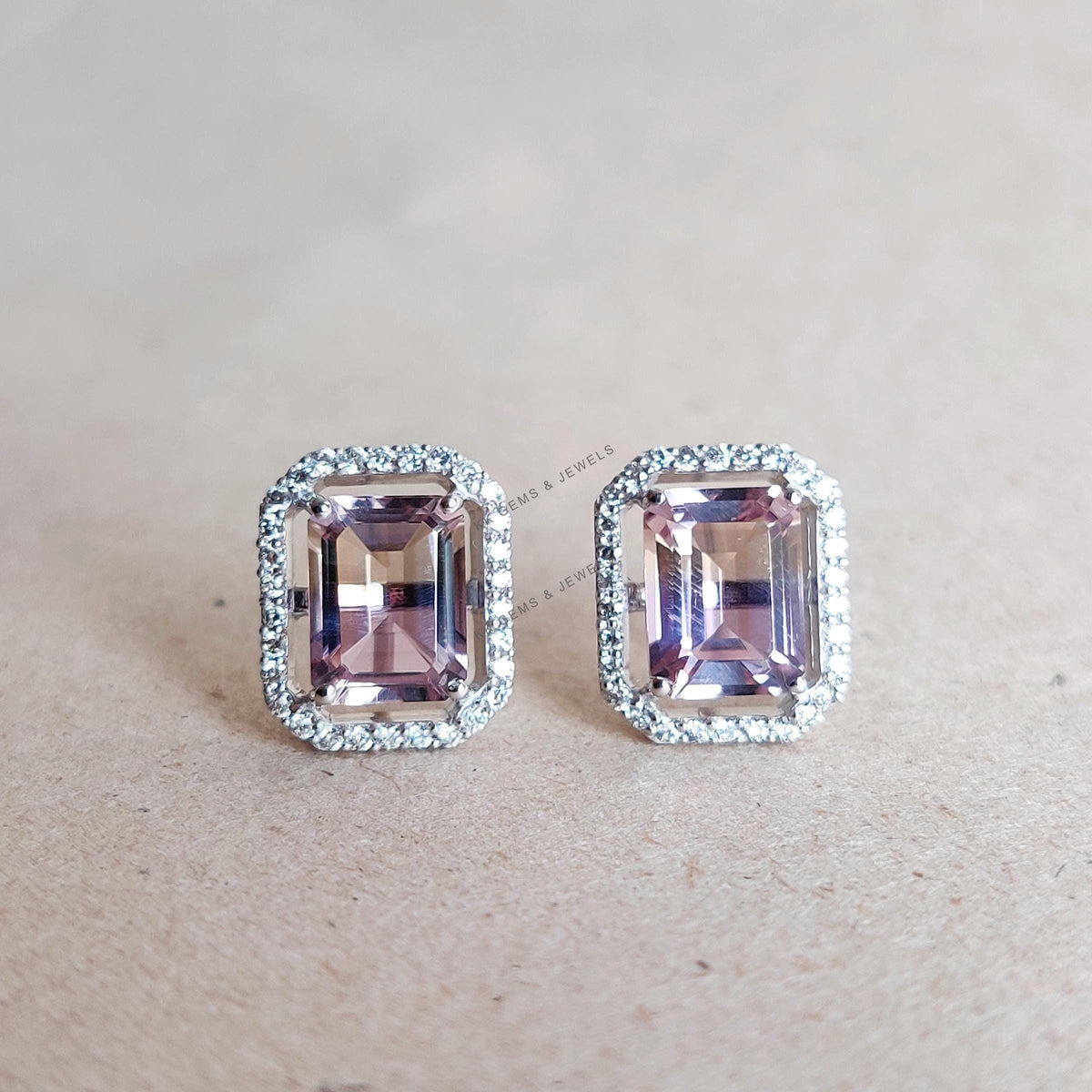 Natural Ametrine & Diamond Earrings, 14K Solid White Gold Earrings, November Birthstone,