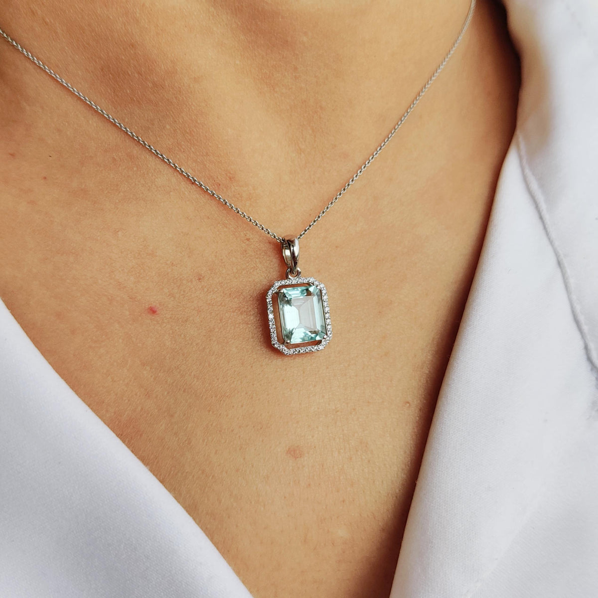 Natural Aquamarine & Diamond Pendant, 14K Solid White Gold Pendant, March Birthstone,