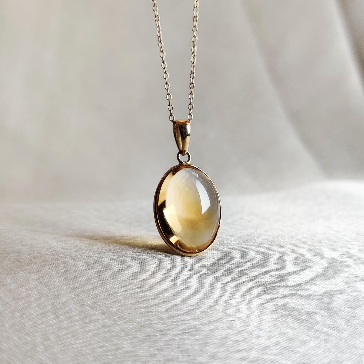 14K Solid Yellow Gold Natural Citrine Oval Bezel Pendant, November Birthstone