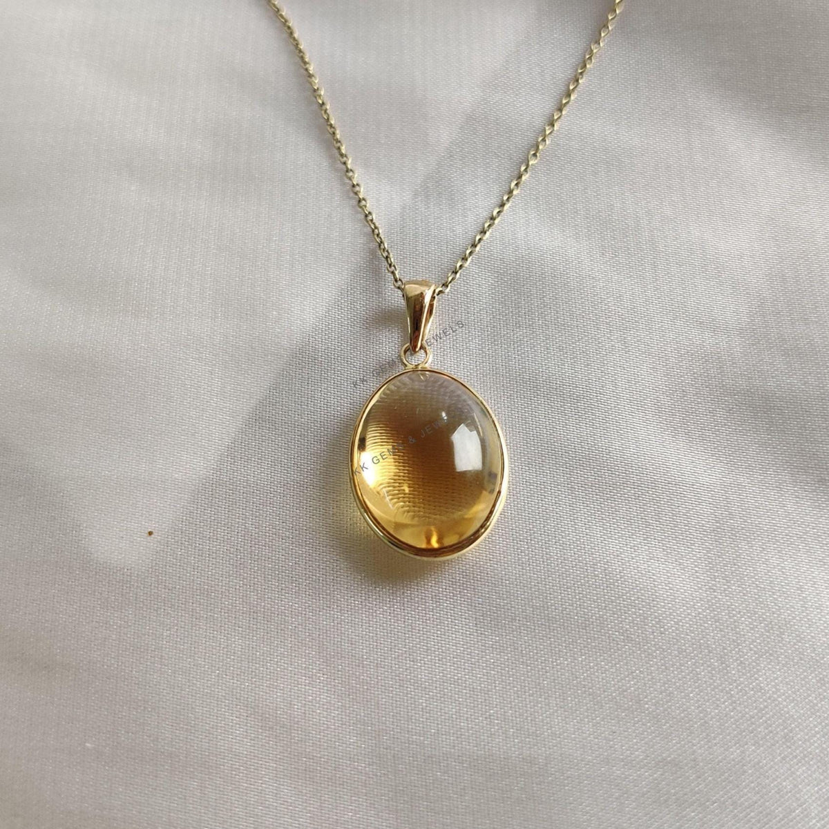 14K Solid Yellow Gold Natural Citrine Oval Bezel Pendant, November Birthstone