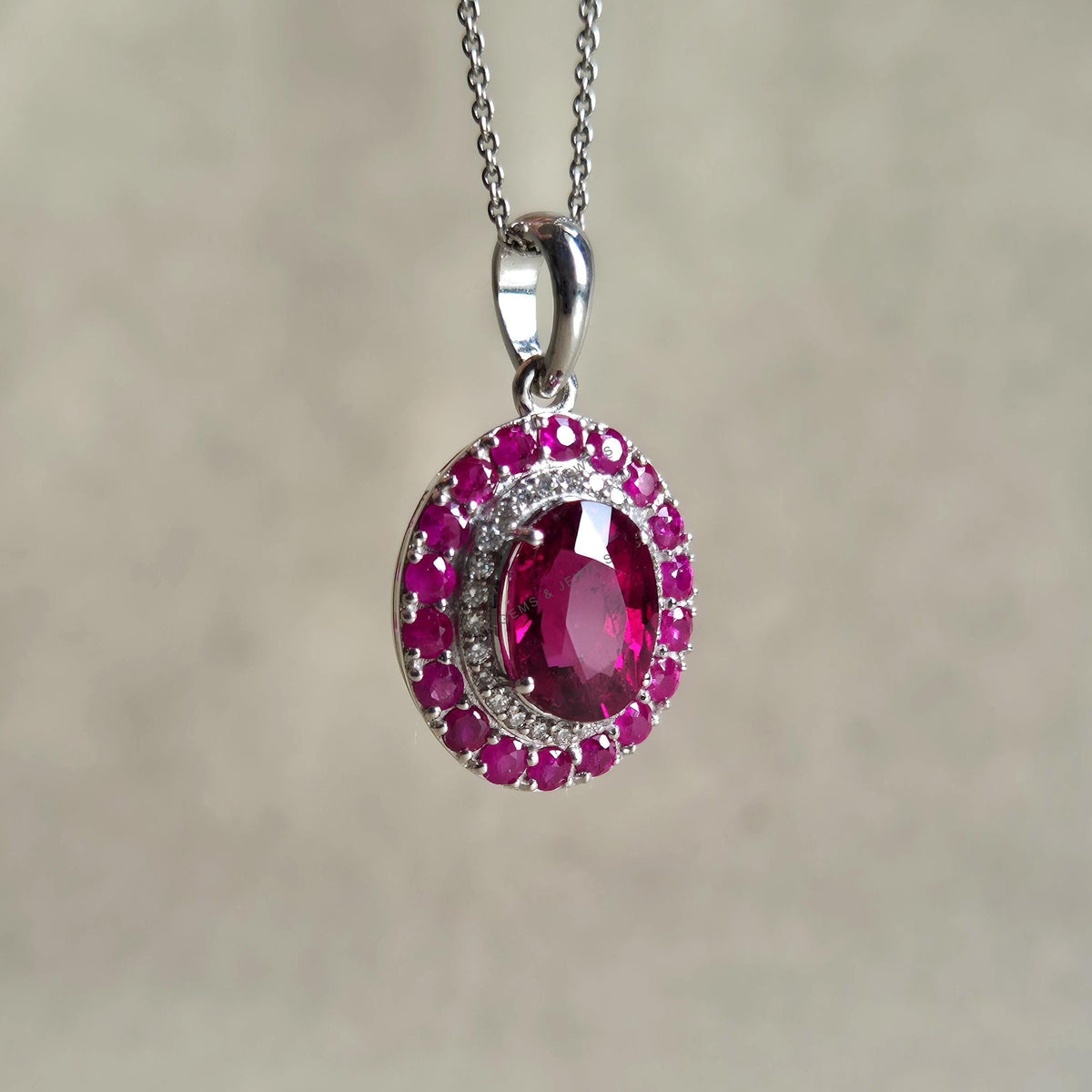 Natural Rubellite & Ruby and Diamond Pendant, 14K Solid White Gold Pendant, October July Birthstone,
