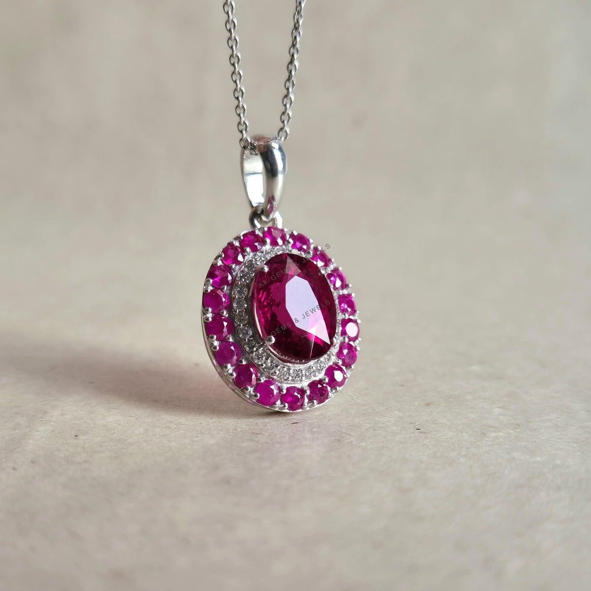 Natural Rubellite & Ruby and Diamond Pendant, 14K Solid White Gold Pendant, October July Birthstone,