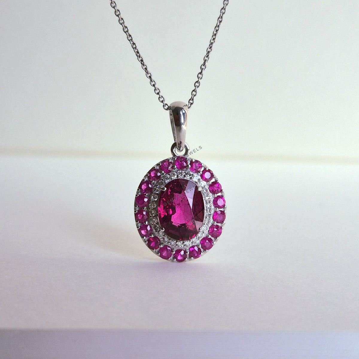 Natural Rubellite & Ruby and Diamond Pendant, 14K Solid White Gold Pendant, October July Birthstone,