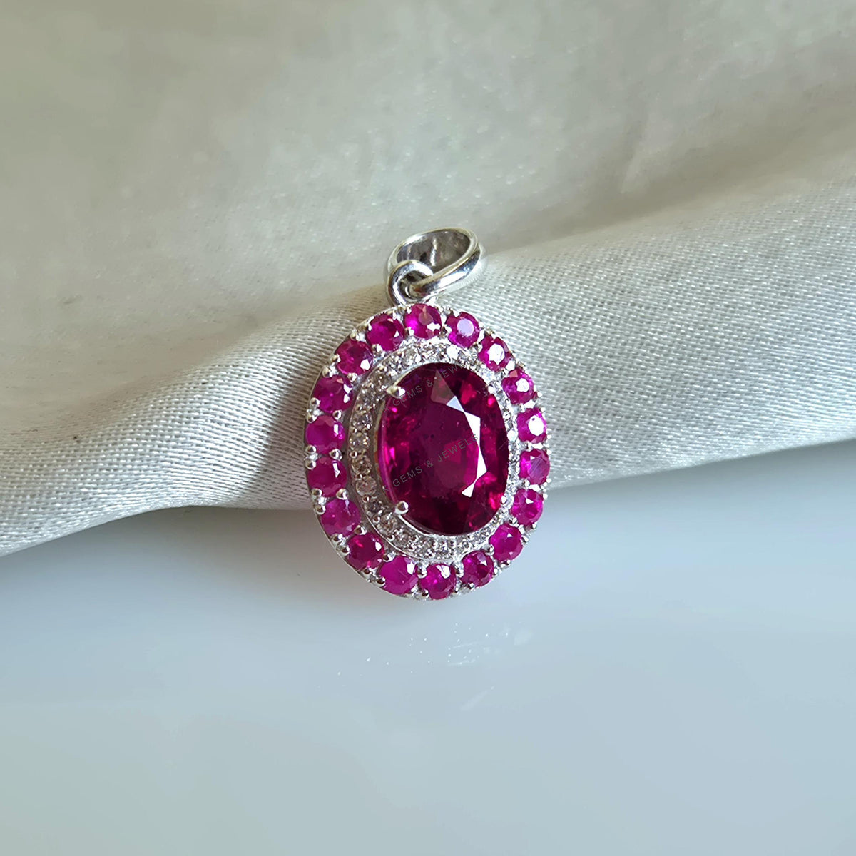 Natural Rubellite & Ruby and Diamond Pendant, 14K Solid White Gold Pendant, October July Birthstone,